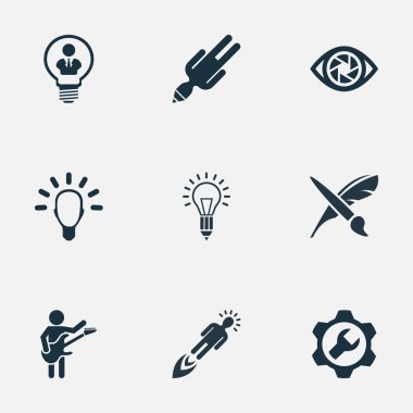 Vektör çizim basit yaratıcı düşünme simgeler kümesi. Öğeleri tefekkür, akıl, zihniyet ve diğer eş anlamlı kişi ampul ve fırça.