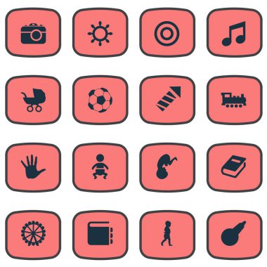 Vektör çizim basit bebek simgeler kümesi. Öğeleri Fetus, kamera, dönme dolap ve diğer eş anlamlı Palm, ulaşım ve sözlük.