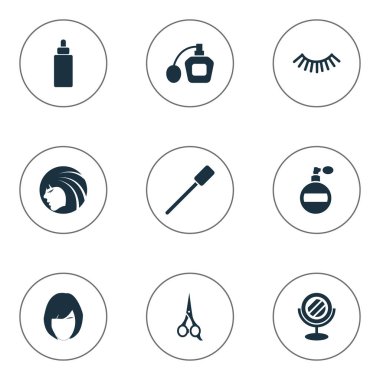 Vektör çizim basit Spa simgeler kümesi. Öğeleri saç modeli, koku, parfüm ve diğer eş anlamlı Perume makas ve ayna.