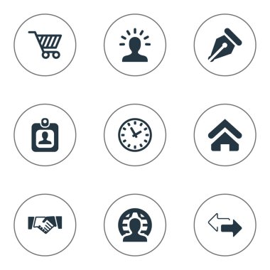 Vektör çizim basit ticaret simgeler kümesi. Öğeleri kullanıcı, üye, ortaklık ve diğer eş anlamlı saati, konumu ve uç.