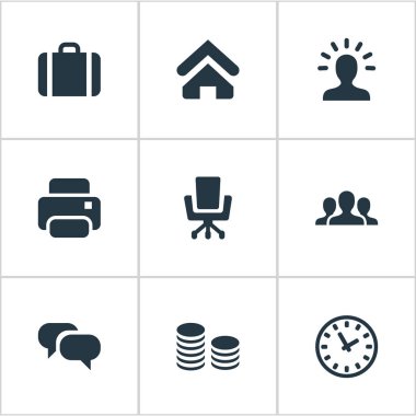 Vektör illüstrasyon iş basit simgeler kümesi. Öğeleri gruplandırma, iş koltuk, baskı makinesi ve diğer eş anlamlı para koltuk ve izle.