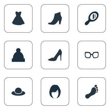 Vektör çizim basit elbise simgeler kümesi. Öğeleri kıyafetleri, Ayakkabı, Ayakkabı ve diğer eş anlamlı optik Hat ve kumaş.