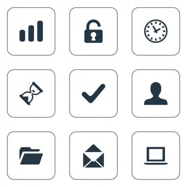 Vektör çizim basit uygulama simgeler kümesi. Öğeleri onay, dizüstü bilgisayar, istatistik ve diğer eş anlamlı kum saati, mesaj ve kum saati.