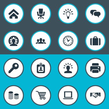 Vektör çizim basit ticaret simgeler kümesi. Çanta, evin konumu, kimlik kartı ve diğer eş anlamlı dizüstü ticaret öğeleri ticaret ve ampul.