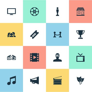 Vektör çizim basit film simgeler kümesi. Öğeleri ip bariyer, 3d gözlük, eylem ve diğer eş anlamlı çit, müzik ve Tv.