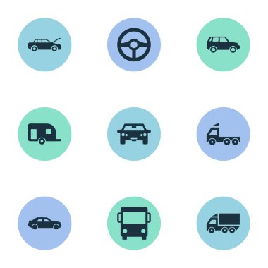 Vektör çizim basit otomobil simgeler kümesi. Öğeleri tur otobüsü, tamir Servisi, trafik ve römork ve hizmet diğer eş anlamlı Van.