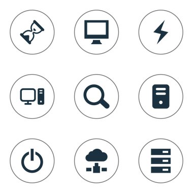 Vektör çizim basit bilgisayar simgeler kümesi. Öğeleri bellek, sistem birimi, veri merkezi ve diğer eş anlamlı güç, ekran ve Büyüteç.