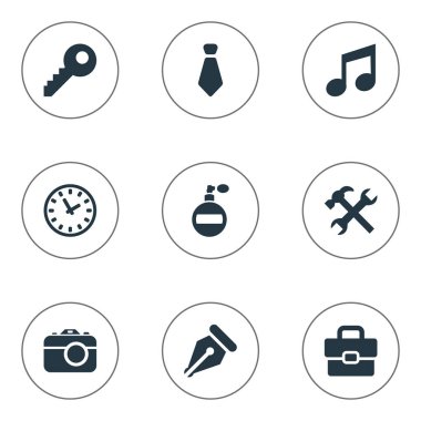 Vektör çizim basit aksesuarları simgeler kümesi. Öğeleri dijital kamera, kravat, iş çanta ve diğer eş anlamlı kravat, kravat ve Deodorant.