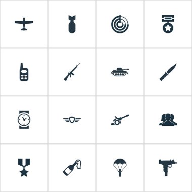 Vektör çizim basit savaş simgeler kümesi. Öğeleri kahraman ödül, radyo Konumlandırıcı, Molotof ve diğer eş anlamlı topçu inceden inceye gözden geçirmek ve makine.