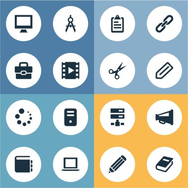 Vektör çizim basit kullanıcı arabirimini simgeler kümesi. Öğeleri film, kesim, daire pusula ve diğer eş anlamlı sözcükler listesi, ilerleme ve seçim.