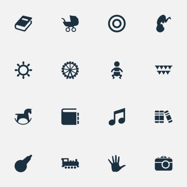 Vektör çizim basit bebek simgeler kümesi. Öğeleri Fetus, bebek arabası, melodi ve diğer eş anlamlı lavman, ansiklopedi ve dümen.