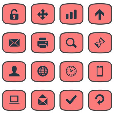 Vektör çizim basit Apps simgeler kümesi. Öğeleri yukarı doğru yönü, istatistik, yenileme ve Zoom diğer eş anlamlı zamanlayıcı ve cep telefonu.