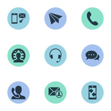 Vektör çizim basit iletişim simgeler kümesi. Öğeleri telefon santral, uçak, kulaklık ve diğer eş anlamlı uçak, oklar ve küresel.