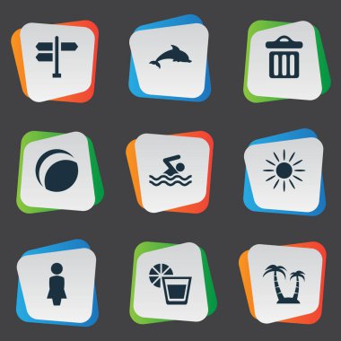 Vektör çizim basit Beach simgeler kümesi. Öğeleri memeli balık, yüzme adam, sıcak ve diğer eş anlamlı Beach, deniz ve çöp kovası.