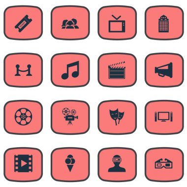 Vektör çizim basit sinema simgeler kümesi. Öğeleri tiyatro, televizyon, Reel ve diğer eş anlamlı Reel hoparlör ve çit.