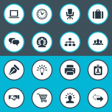 Vektör çizim basit B2b simgeler kümesi. Öğeleri kimlik kartı, kullanıcı, ilişki ve diğer sol eşanlamlı, bavul ve ampul.