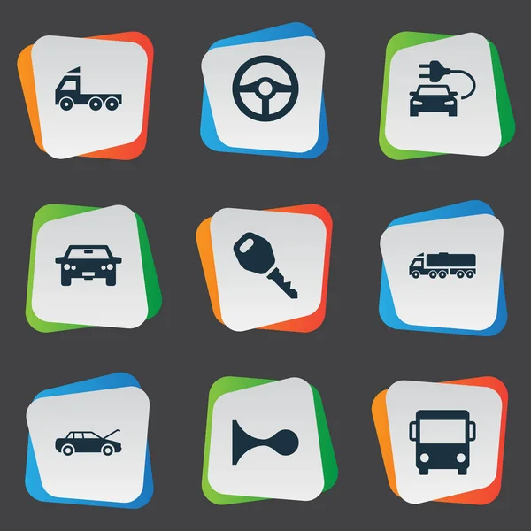 Vector illustratie Set van eenvoudige vervoer iconen. Elementen auto opladen, claxon, reparatie Service en andere belangrijke synoniemen, Motorcar en levering. — Stockvector