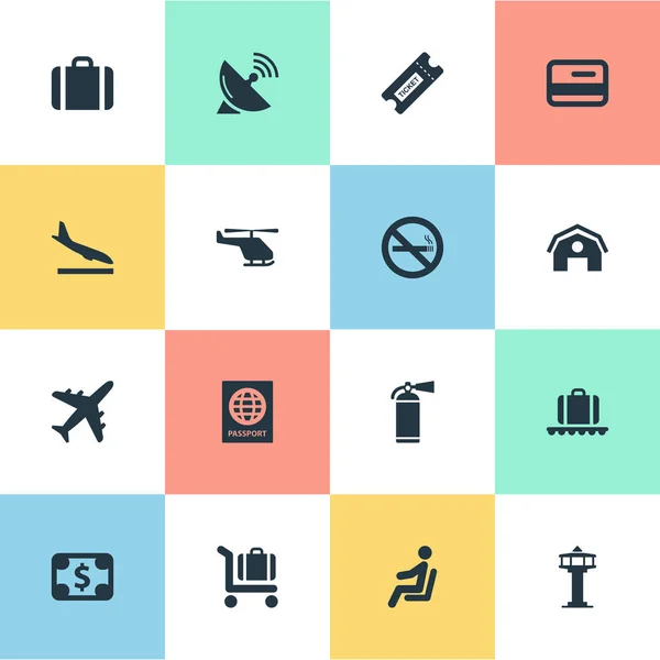 Vektor Illustration sæt af enkle rejse ikoner. Elementer Kreditkort, bagage indkøbskurv, flykontrol tårn og andre synonymer Helikopter, plast og beskyttelse . – Stock-vektor