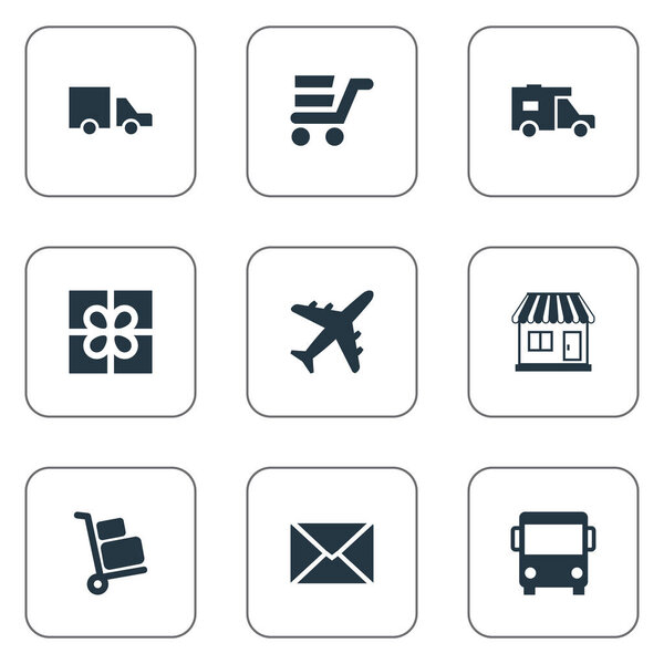 Vector Illustration Set Of Simple Delivery Icons. Elements Airline, Envelope, Van And Other Synonyms Airline, Shopping And Trailer.
