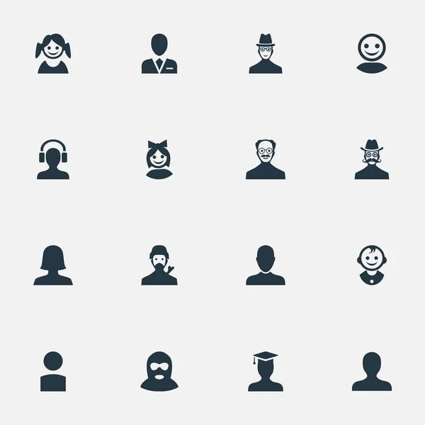 Vector Illustration Set of Simple Member Icons. Elementos Felon, Workman, Hombre bigote y otros sinónimos Auriculares, Misterioso y Usuario . — Archivo Imágenes Vectoriales