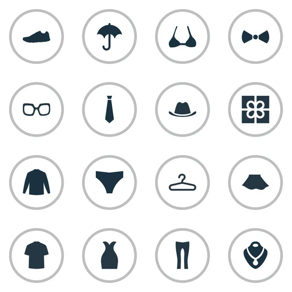 Vector illustratie Set van eenvoudige kleren iconen. Elementen brillen, heden, Foorwear van de oefening en andere synoniemen Sneakers, accessoire en ketting. — Stockvector