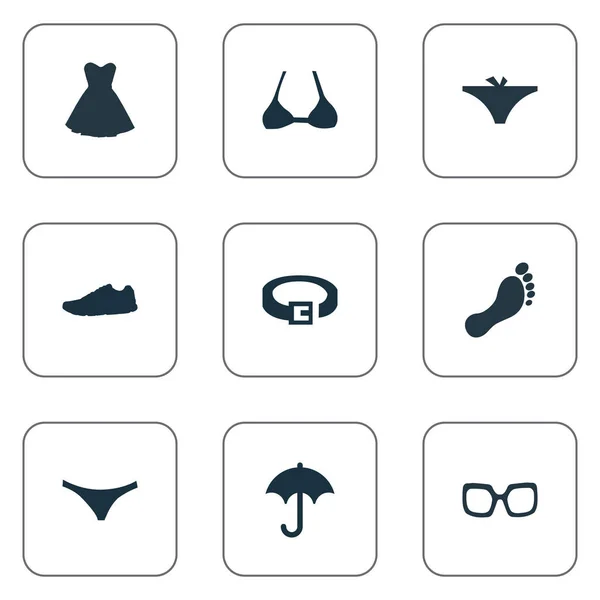 Vektor Illustration Set von einfachen Kleidungssymbolen. Elemente Brille, Sportbekleidung, Kleidung und andere Synonyme barfuß, Turnschuhe und Brille. — Stockvektor