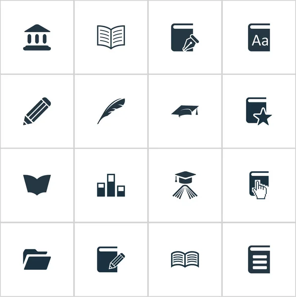 簡単な書籍のアイコンのベクトル イラスト セット。恋愛要素、百科事典、文学、他の同義語の書き込み、帽子、プルーム. — ストックベクタ
