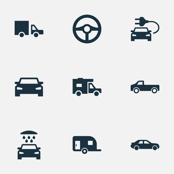 Illustrazione vettoriale Set di icone auto semplici. Elementi Carovana, traffico, ricarica auto e altri sinonimi Consegna, elettrica e berlina . — Vettoriale Stock