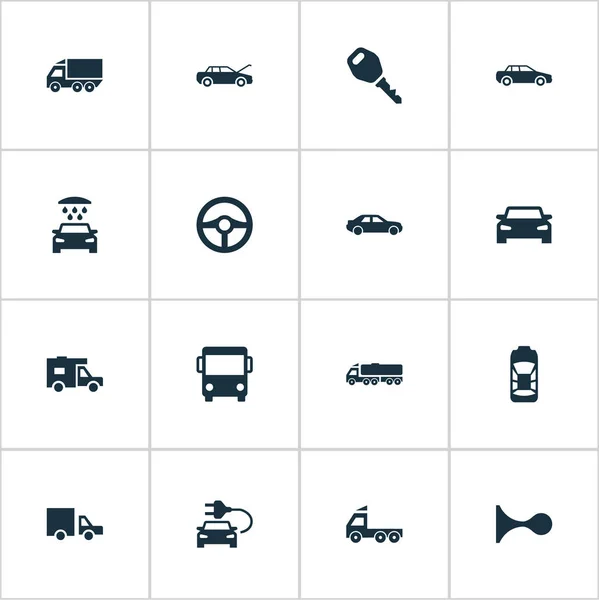 Conjunto de ilustración vectorial de iconos de transporte simples. Elementos Klaxon, parada de camiones, servicio de reparación y otros sinónimos Camiones, canales y lavado . — Vector de stock