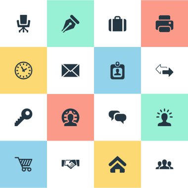 Vektör çizim basit ticaret simgeler kümesi. İş öğeleri koltuk, parola, üye ve diğer eş anlamlı sepeti, zamanlayıcı ve dostluk.