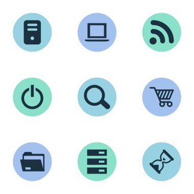 Vektör çizim basit bilgisayar simgeler kümesi. Öğeleri dalga, kum saati, veri merkezi ve diğer eş anlamlı güç, sistem ve donanım.