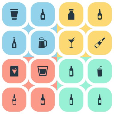 Vektör çizim basit içecekler simgeler kümesi. Öğeleri şişe, konyak, şampanya ve diğer eş anlamlı viski, plastik ve Martini.