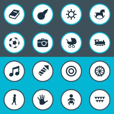 Vektör çizim basit çocuk simgeler kümesi. Öğeleri melodi, midilli, yönetim kurulu ve diğer eş anlamlı anlar lavman ve bebek.