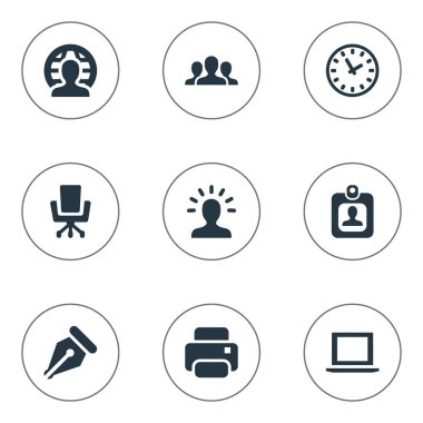 Vektör illüstrasyon iş basit simgeler kümesi. Koltuk, saat, kimlik kartı ve diğer eş anlamlı kimlik, iş öğeleri kullanıcı ve Office.