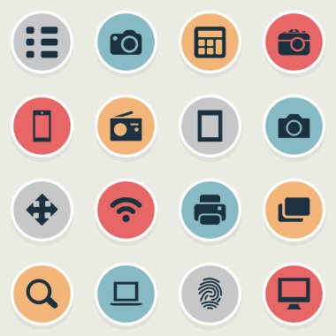 Vektör çizim basit aygıt simgeler kümesi. Öğeleri düzeni, monitör, parmak izi ve diğer eş anlamlı baskı, kablosuz ve dizüstü.