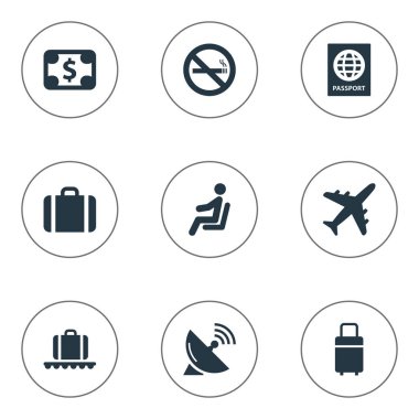 Vektör çizim basit uçak simgeler kümesi. Öğeleri koltuk, el çantası, sertifika vatandaşlık eş anlamlı pasaport, anten ve vatandaşlık.