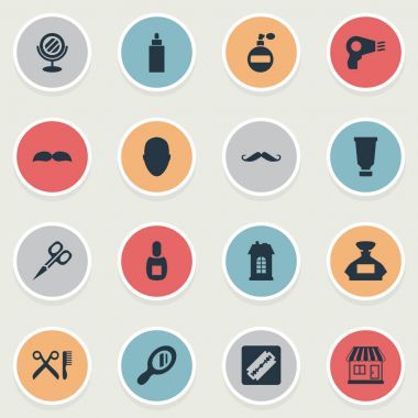 Vektör çizim basit Kuaför simgeler kümesi. Öğeleri konteyner, Kuaför araçları, Aroma ve diğer eş anlamlı reflektör, konteyner ve adam.