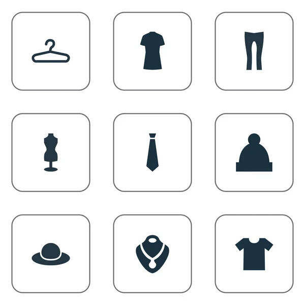 Conjunto de ilustración vectorial de iconos de ropa simples. Estante de los elementos, corbata, joyería y otros sinónimos Headgear, ricos y casuales . — Vector de stock