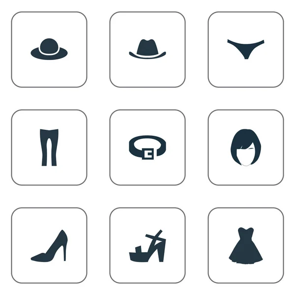 Vector illustratie Set van eenvoudige jurk iconen. Elementen kleding, Lingerie, hoofd accessoire en andere hoofddeksels van synoniemen, accessoire en doek. — Stockvector