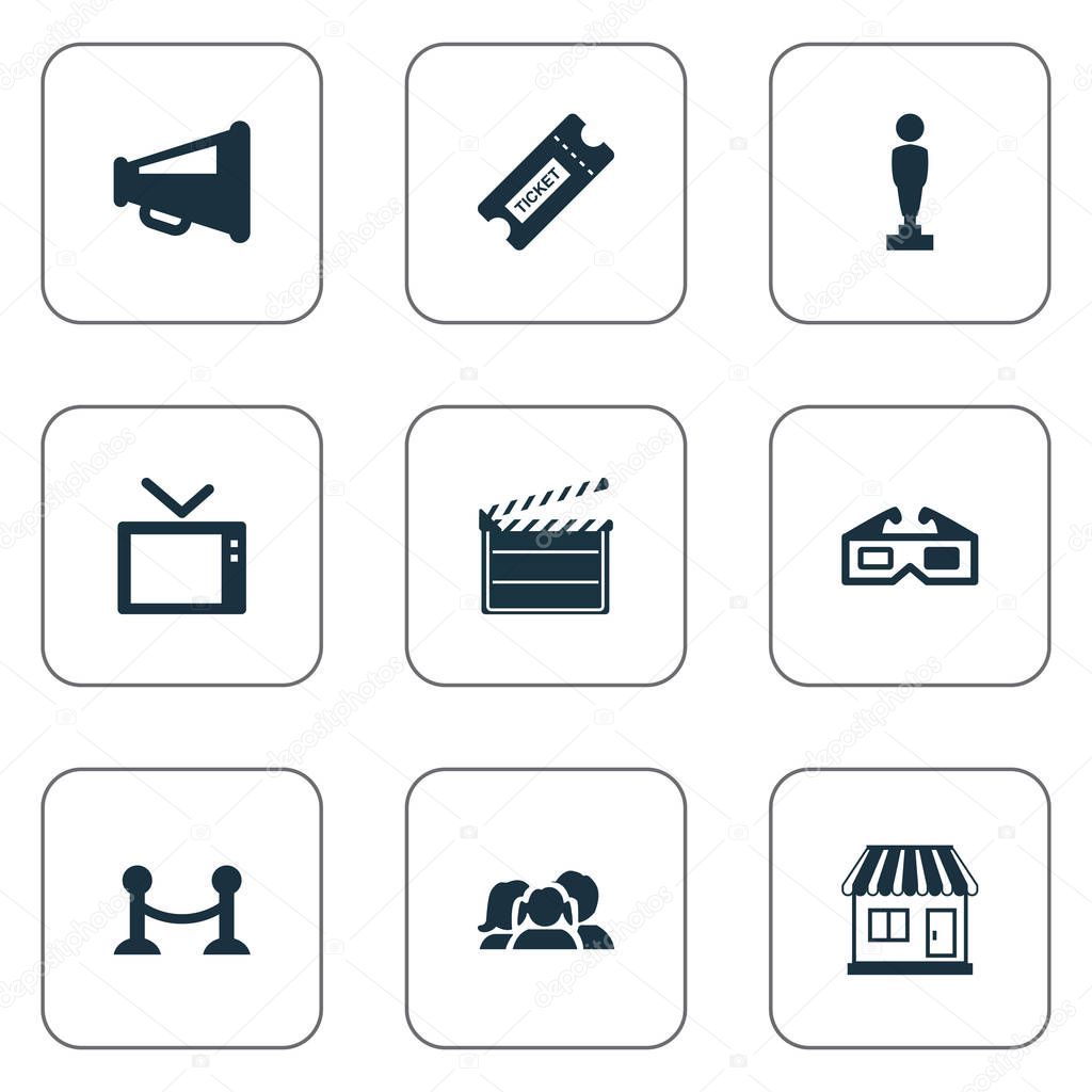 Vector Illustration Set Of Simple Cinema Icons. Elements Pass, Television, Action And Other Synonyms Loudspeaker, Review And Movie.
