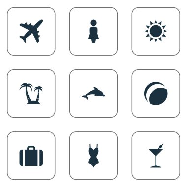 Vektör çizim basit Beach simgeler kümesi. Öğeleri güneş, kokteyl, Bikini ve diğer eş anlamlı güneş, kokteyl ve deniz.