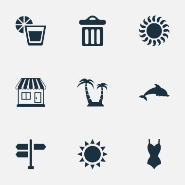 Vektör çizim basit Seaside simgeler kümesi. Öğeleri güneş, güneş ışığı, çöp ve diğer eş anlamlı Kavşağı, içecek ve çöp.