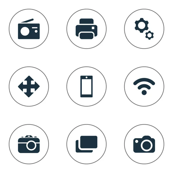 Ensemble d'illustrations vectorielles d'icônes simples pour appareils. Éléments Connexion sans fil, accordeur, téléphone intelligent et autres synonymes Direction, radio et photocopieur . — Image vectorielle