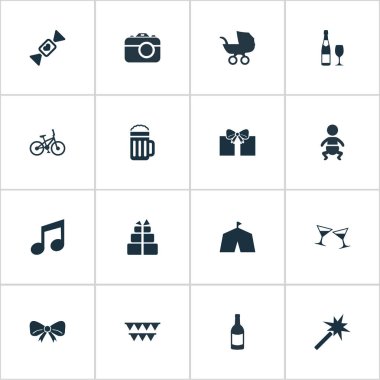 Vektör çizim basit tatil simgeler kümesi. Öğeleri ses Not, mevcut, kutluyor ve diğer eş anlamlı spor, hediye ve Pub.