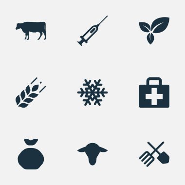 Vektör çizim basit hasat simgeler kümesi. Öğeleri çanta, torba, inek ve diğer eş anlamlı buğday bitki ve hayvan inek.