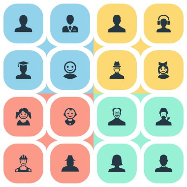 Vektör çizim basit üye simgeler kümesi. Kulaklık, Ajan, erkek kullanıcı ve diğer eş anlamlı kişisel öğeleri erkek, kadın ve çocuk.