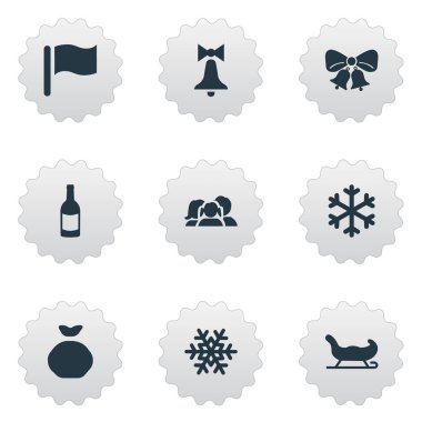 Vektör çizim basit kutlama simgeler kümesi. Öğeleri PIN, çanta, kızak ve diğer eş bayrak, dekorasyon ve içecek.