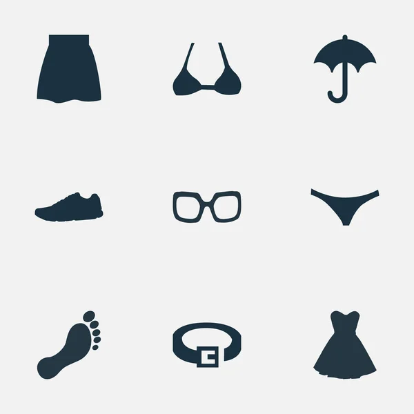 Vector illustratie Set van eenvoudige kleren iconen. Elementen Barefoot, oefening Foorwear, riem en andere synoniemen beschermen, onderbroeken en Lingerie. — Stockvector