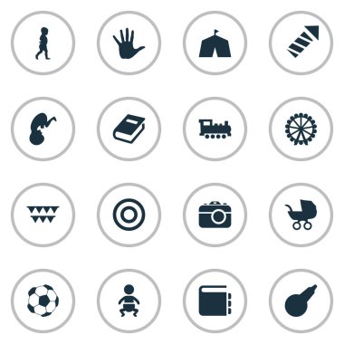 Vektör çizim basit çocuk simgeler kümesi. Öğeleri çocuk, yönetim kurulu, sözlük ve diğer eş anlamlı City, ok ve bebek.