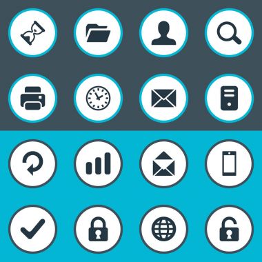 Vektör çizim basit bir uygulama simgeler kümesi. Öğeleri çıktı, onay, açık asma kilit ve diğer eş Tamam, işlemci ve Tamam.